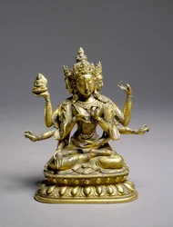 Usnisavijaya sentado, dinastía Qing (bronce dorado y malaquita)