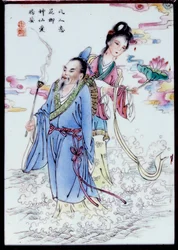 Alegoría del verano. Una mujer sosteniendo una flor de lirio y un hombre sosteniendo un anillo de incienso caminando a través del rocío. Pintura anónima sobre porcelana