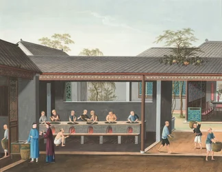 Producción de té, c. 1820 (color de la carrocería y pintura dorada sobre seda extendida sobre papel)