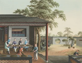 Producción de té, c. 1820 (color de la carrocería y pintura dorada sobre seda extendida sobre papel)