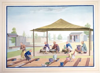Obreros aplicando el esmalte, c.1825 (gouache sobre papel)
