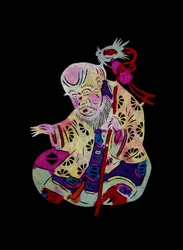 Yaowang Dian, dios taoísta de la medicina. Recorte de papel pintado o "Jian Zhi", arte popular chino, Pekín.