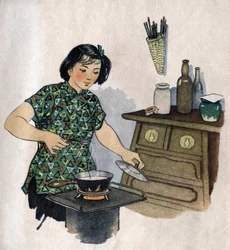 Joven madre preparando la comida para su hijo. Ilustración, en "Comment mieux nourish nos enfants", Edición Le Journal de la Sante, Pekín.