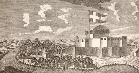 Fuerte colonial danés Fredensborg, Ningo, Ghana, tal como era en 1760, de "Afrika, dets Opdagelse, Erobring og Kolonisation", publicado en 1901 en Copenhague (litografía).