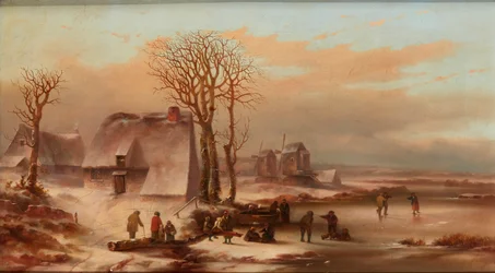 Un paisaje invernal con figuras en un lago congelado