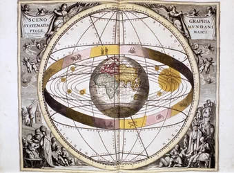Sistema del universo ptolemaico, geocéntrico, centrado en la Tierra, que muestra la posición del Sol, la Luna y los planetas, de "Harmonia Macrocosmica" de Andreas Cellarius, Amsterdam.