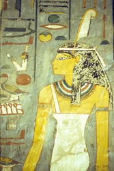 Antiguo Egipto, Talla/Pintura, Tumba de Ramsés I, Tebas, La diosa Maat, diosa de la verdad y la justicia, con pluma de avestruz (foto)