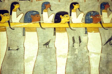 Antiguo Egipto, Pintura, Dioses del inframundo atados a Hathor, vaca divina, remolcando la barca solar, Tumba de Ramsés I, Tebas