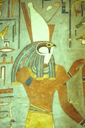 Antiguo Egipto, Pintura, Horus, Dios con cabeza de halcón, Dios de los reyes, Tumba de Ramsés I, Tebas