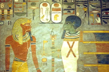 Antiguo Egipto, Pintura, Ramsés I ante Ptah, detrás del cual hay un pilar djed, Tumba de Ramsés I, Tebas