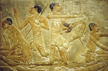 Antiguo Egipto, Grabado mural/pintura, Mastaba/Tumba de Idout, Sakkara/Saqqara, Atrapar aves en el pantano, Dinastía VI (foto)