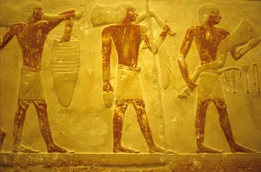 Antiguo Egipto, Grabado mural/pintura, Mastaba/Tumba de Idout, Saqqara, 2323-2150 a.C., Portadores con ofrendas (foto)