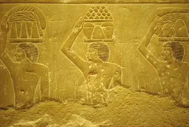 Antiguo Egipto, Grabado mural/pintura, Mastaba/Tumba de Idout, Saqqara, 2323-2150 a.C., Portadores con ofrendas (foto)