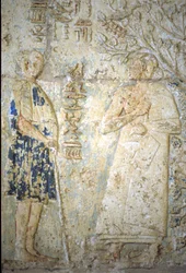 Antiguo Egipto, Pintura mural, Tumba de Petosiris, Tuna el Gebel, 300 a.C., Petosiris y su esposa (foto)