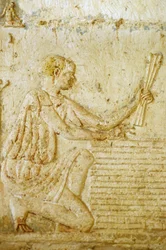Antiguo Egipto, Pintura mural, Tumba de Petosiris, Tuna el Gebel, 300 a.C., La cosecha del lino (foto)