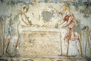 Antiguo Egipto, Pintura mural, Tumba de Petosiris, Tuna el Gebel, 300 a.C., La cosecha del lino (foto)