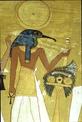 Antiguo Egipto, Pintura mural Tumba de Inherkhau, Tebas, Dios Thot presentando el difunto a Osiris, Dinastía XX, Dios con cabeza de Ibis y disco lunar (foto)