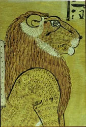 Antiguo Egipto, Pintura mural, Tumba de Inherkhau, Tebas, Uno de los dos Leones, guardianes del hoy y del mañana, dinastía XX (foto)