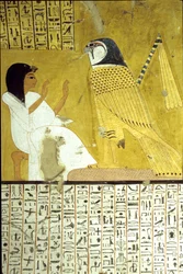 Antiguo Egipto, Pintura mural Tumba de Inherkhau, Tebas, Tumba de los Nobles, dinastía XX, Inkherhau adorando al halcón Horus (foto)
