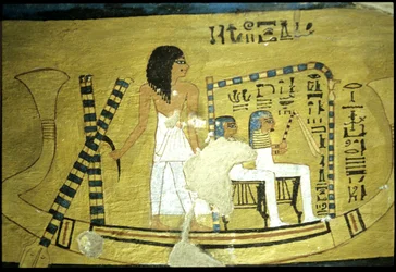 Antiguo Egipto, Pintura mural Tumba de Inherkhau, Tebas, Tumba de los Nobles, dinastía XX, Inherkhau dirigiendo una barca con dos dioses sentados en un altar (foto)