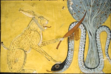 Antiguo Egipto, Pintura mural Tumba de Inherkhau, Tebas, Tumba de los Nobles, dinastía XX, Amón ( Gato ) matando a la serpiente, representando a Amón derrotando a la serpiente, Apofis bajo el árbol sagrado (foto)