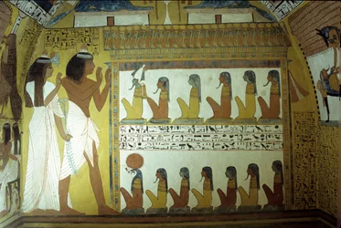Antiguo Egipto, Pintura mural, Tumba de Sennedjem, Muro, Sennedjem y su esposa adoran a dioses del inframundo, Osiris, Horus, Tebas, Deir el Medina