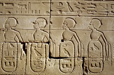 Antiguo Egipto, Pintura mural/talla, Pilón Seis de Karnak/Luxor, Parte de las listas de tribus del sur y de Siria que fueron subyugadas por el ejército de Tutmosis III, Templo de Karnak, Luxor.