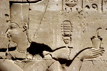 Antiguo Egipto, Pintura mural/talla, El faraón Ptolomeo agitando un systrum y ofreciendo incienso, Templo de Horus, Edfu (foto)