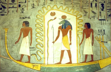 Antiguo Egipto, Pintura mural, Tumba de Ramsés I, Tebas, Barca de Amón Ra remolcada por el inframundo (foto)