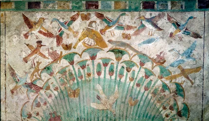 Antiguo Egipto: animales en un papiro, fragmento de piedra caliza de la tumba de Neferhotep, circa 1400 a.C. Dinastía XVIII, París, Museo del Louvre
