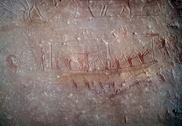 Antiguo Egipto: relieve de piedra caliza que representa una canoa de la Capilla de Mastaba en Akhethetep, alrededor de 2300 a.C. Dinastía V. Imperio Antiguo. De Saqqara. Museo del Louvre, París