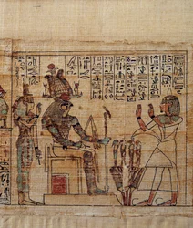Arte egipcio antiguo: Papiro mitológico de Serimen. Serimen en adoración ante el dios Ptah-Sokar-Osiris seguido por Isis. Manuscrito de la dinastía XXI (ca. 1069-945), tercer período intermedio (ca. 1069-664 a.C.)