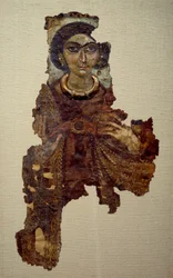 Arte copto: sudario de mujer llamada dama con la cruz ansada. Pintura sobre lienzo de lino (siglo IV d.C.) Antinoe