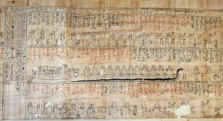 Antigüedad egipcia: papiro del Libro de los Hogares Secretos. Este libro es una representación comentada del viaje subterráneo del sol durante las doce horas de la noche. Primero dibujado en las paredes de las tumbas reales, luego fue transcrito en