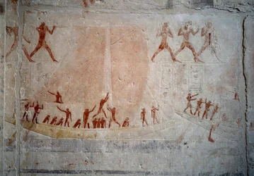 Antigüedad egipcia: un velero. Relieve de piedra caliza de la Capilla de Mastaba de Akhethetep en Saqqara. 5ª dinastía (alrededor de 2500-2350 a.C.) 2300 a.C. París, Museo del Louvre