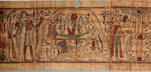 Antigüedad egipcia alegoría del cosmos: papiro mitológico de Neskapashouty, escriba contable de granos representando la cosmogonía, con Geb, Nut, Neftis, Osiris
