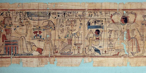 Antigüedad egipcia: (detalle) del papiro mitológico de Neskapashouty, escriba contable de los granos del ático de Amón. Anubis pesa el corazón (alma) del difunto. 21ª dinastía