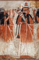 Antigüedad egipcia: fragmento de mural de la tumba de Niay que representa un desfile de parientes del difunto. Del sitio de Dra Aboul Naga. Dinastía XIX (1295-1186 a.C.)
