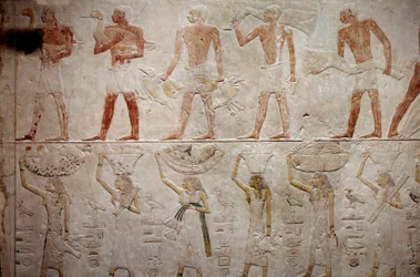Antigüedad egipcia: hombres llevando patos. Relieve de piedra caliza de la Capilla de Mastaba de Akhethetep en Saqqara. 5ª dinastía (alrededor de 2500-2350 a.C.) 2300 a.C. París, Museo del Louvre