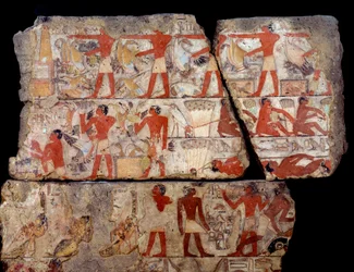 Antigüedad egipcia: pintura de la mastaba de Metchetchi. Escena de la vida cotidiana (caza, pesca, ofrenda) en Egipto en la época de la VI dinastía. 2400-2300 a.C. Del sitio de Saqqara (Sakkara)