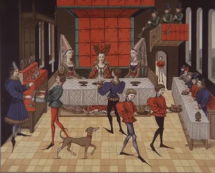 Damas aristocráticas medievales del siglo XV sirviendo la cena