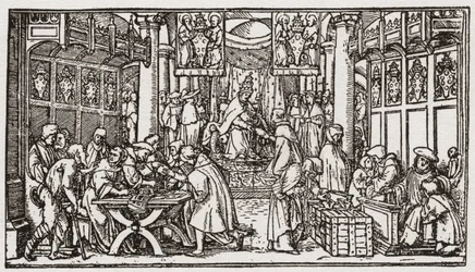 Venta de indulgencias durante la época de los Tudor en Inglaterra (grabado)