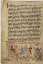 Cotton Claudius B. IV, f.58v Una escena que muestra la justicia anglosajona, ilustración de (vitela)