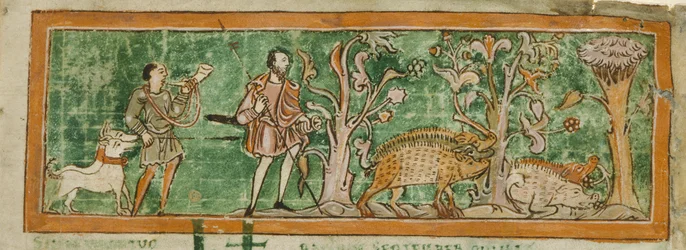 Algodón MS Tiberius B V/1 f.7 Cerdos pastando, de una colección de Miscelánea anglosajona (vitela)