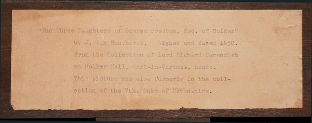 (detalle) de la inscripción, de un retrato de los tres hijos de George Preston de Holker (tinta sobre papel)