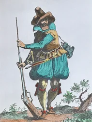 Soldado alemán de principios del siglo XVII, armado con mosquete de mecha