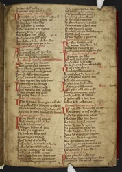 Harley MS 2558 f.8r, Novele cirurgerie, extracto (365 líneas). Una colección de recetas médicas en verso anglo-normando (vitela)