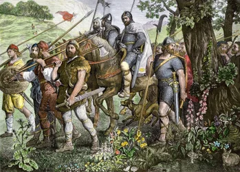 Hombres de Kent yendo a la batalla para defender Inglaterra durante la invasión normanda en 1066 (grabado en color)
