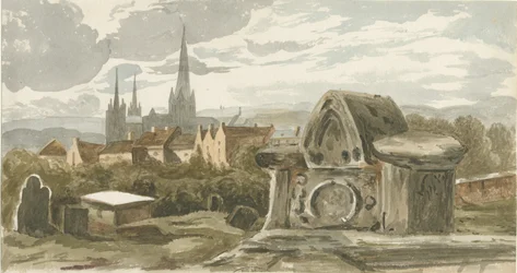 Lichfield - Tumba antigua en el cementerio de la Iglesia de San Miguel: pintura en acuarela, nd [?siglo XIX]