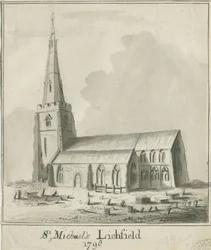Lichfield - Iglesia de San Miguel: dibujo a pluma y lavado en sepia